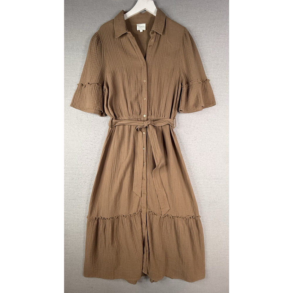 We Are Sundays Double Gauze Tiered Midi Dress Sz L‎ Beige Beachy Coastal READ